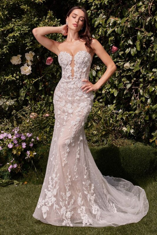 White Mermaid Deep V-neck Appliques Tulle Wedding Dresses DP1016