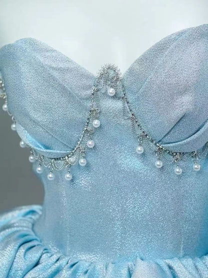 Blue A Line Sweetheart Neck Pearls Layered Satin Long Prom Dress Evening Dress DP1358