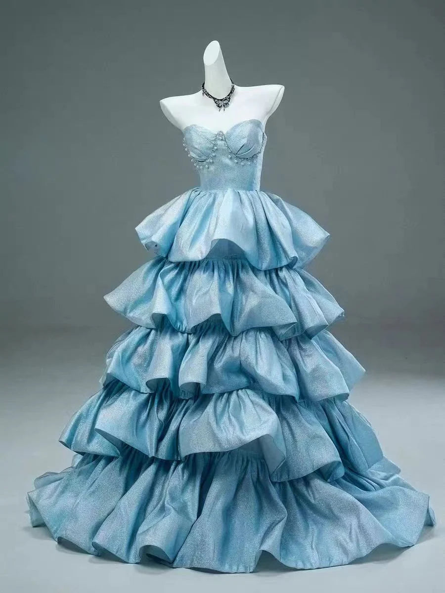 Blue A Line Sweetheart Neck Pearls Layered Satin Long Prom Dress Evening Dress DP1358