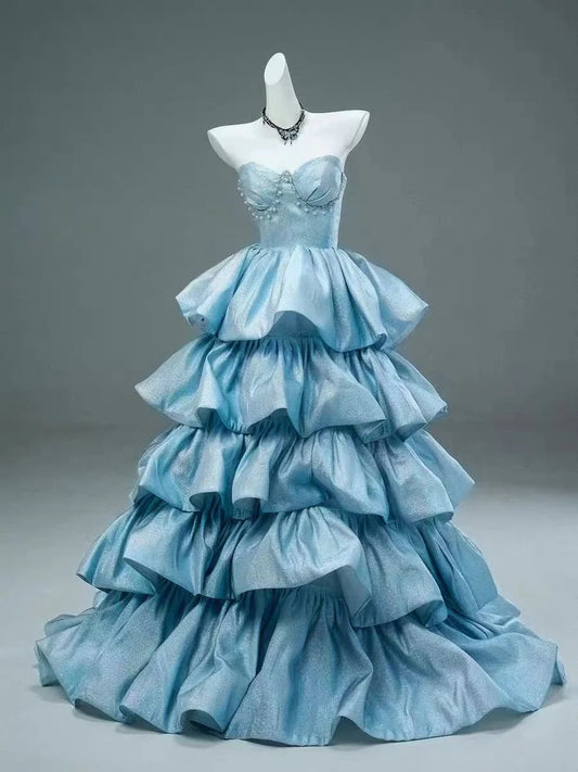 Blue A Line Sweetheart Neck Pearls Layered Satin Long Prom Dress Evening Dress DP1358