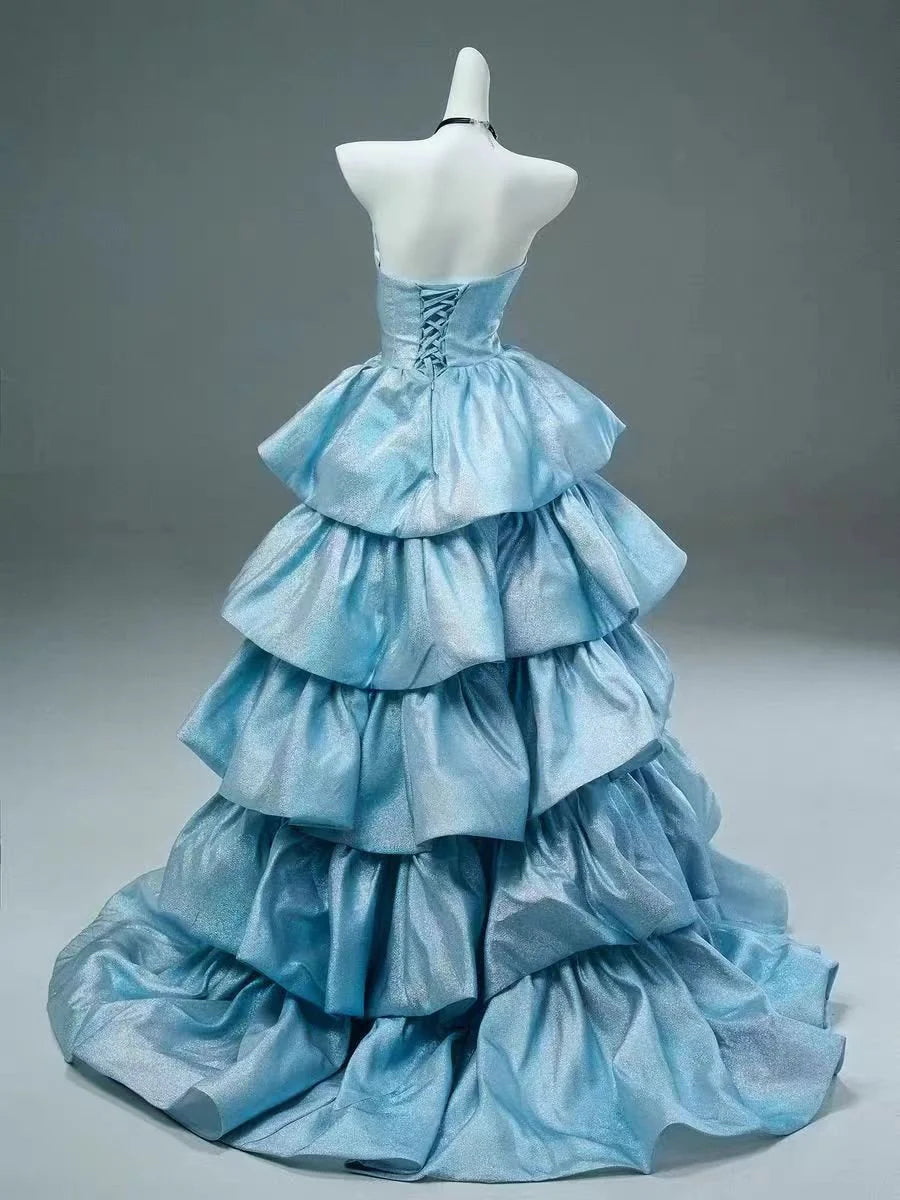 Blue A Line Sweetheart Neck Pearls Layered Satin Long Prom Dress Evening Dress DP1358