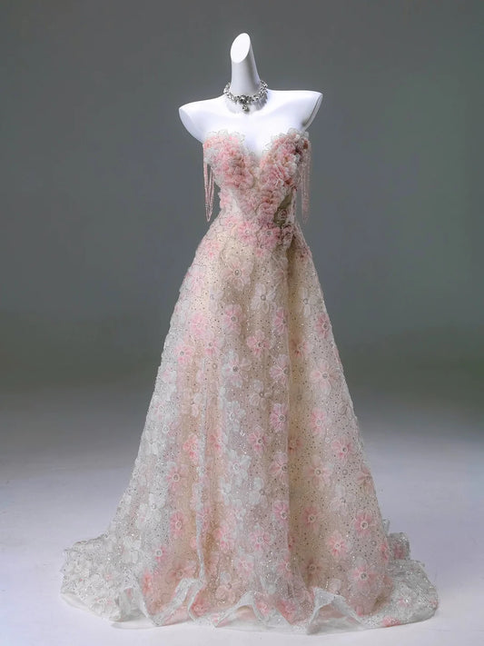 A Line Strapless Floral Layered Beadings Tulle Prom Dresses DP932