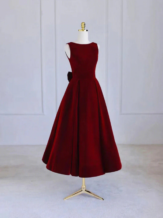 Burgundy Velvet Tea Length Prom Dress Homecoming Dress with Bowknot DP1126