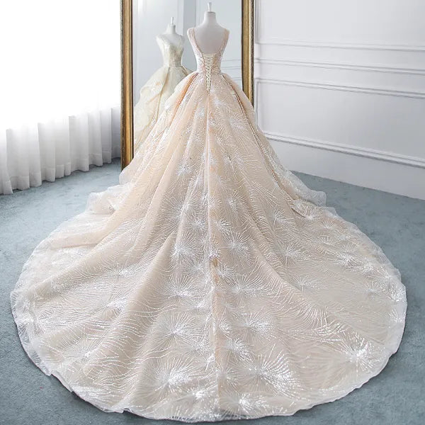 Sparkle A-line V-neck Champagne Tulle Ball Gown Prom Dress DP982