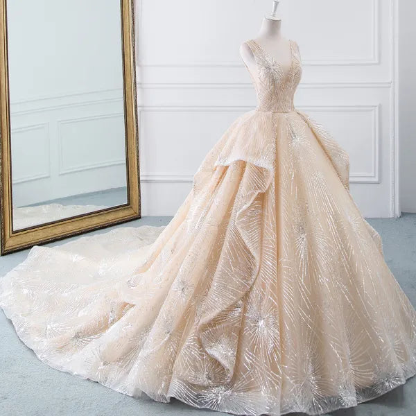 Sparkle A-line V-neck Champagne Tulle Ball Gown Prom Dress DP982