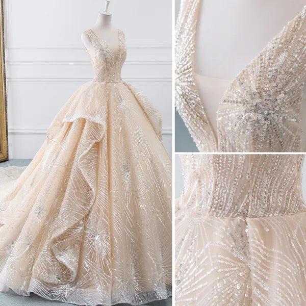 Sparkle A-line V-neck Champagne Tulle Ball Gown Prom Dress DP982
