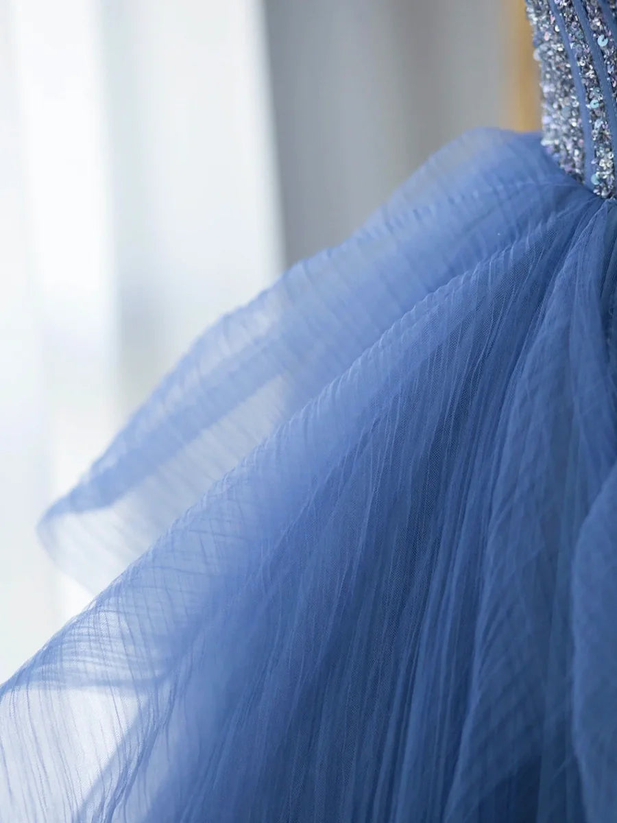 Blue A Line Strapless Sequins Tulle Long Prom Dress  Formal Party Dress DP1129