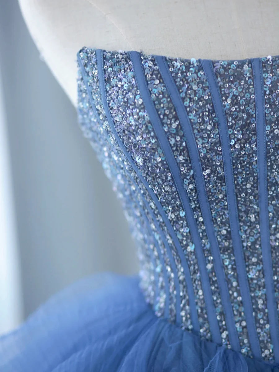 Blue A Line Strapless Sequins Tulle Long Prom Dress  Formal Party Dress DP1129