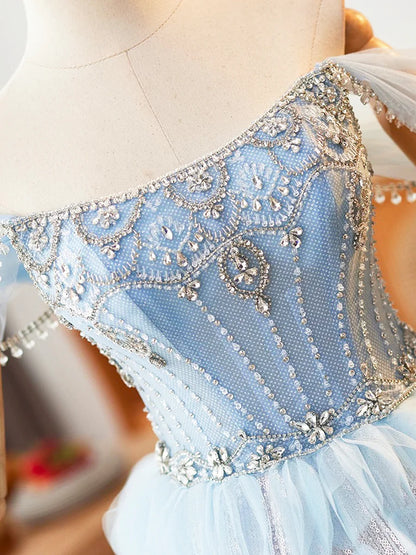 Blue Off the Shoulder Beading Rhinestone Ruffles Tulle Prom Dress DP987