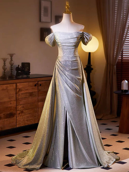 Shiny A Line Off the Shoulder Silver Sequin Evening Party Dress DP1125