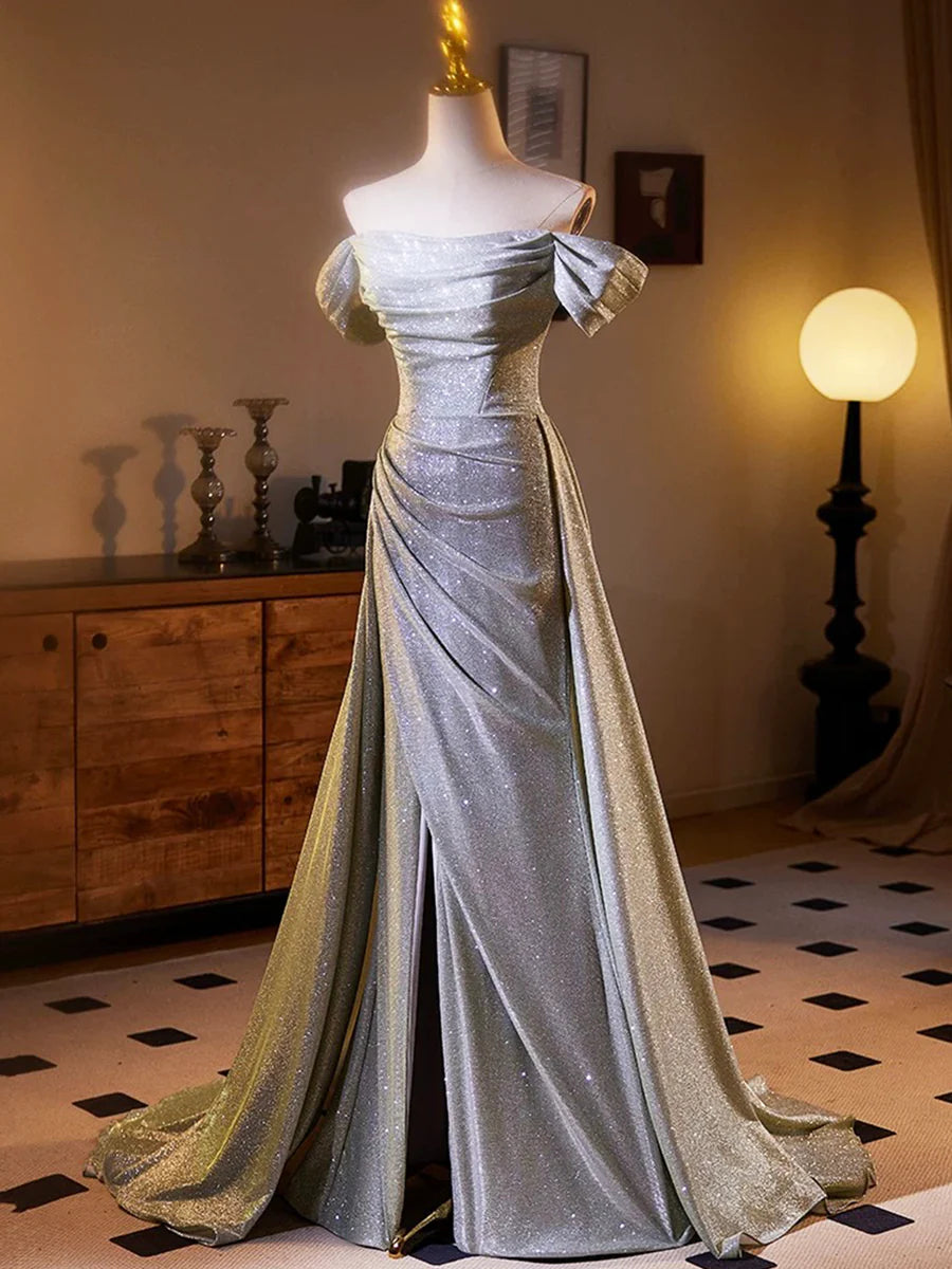 Shiny A Line Off the Shoulder Silver Sequin Evening Party Dress DP1125