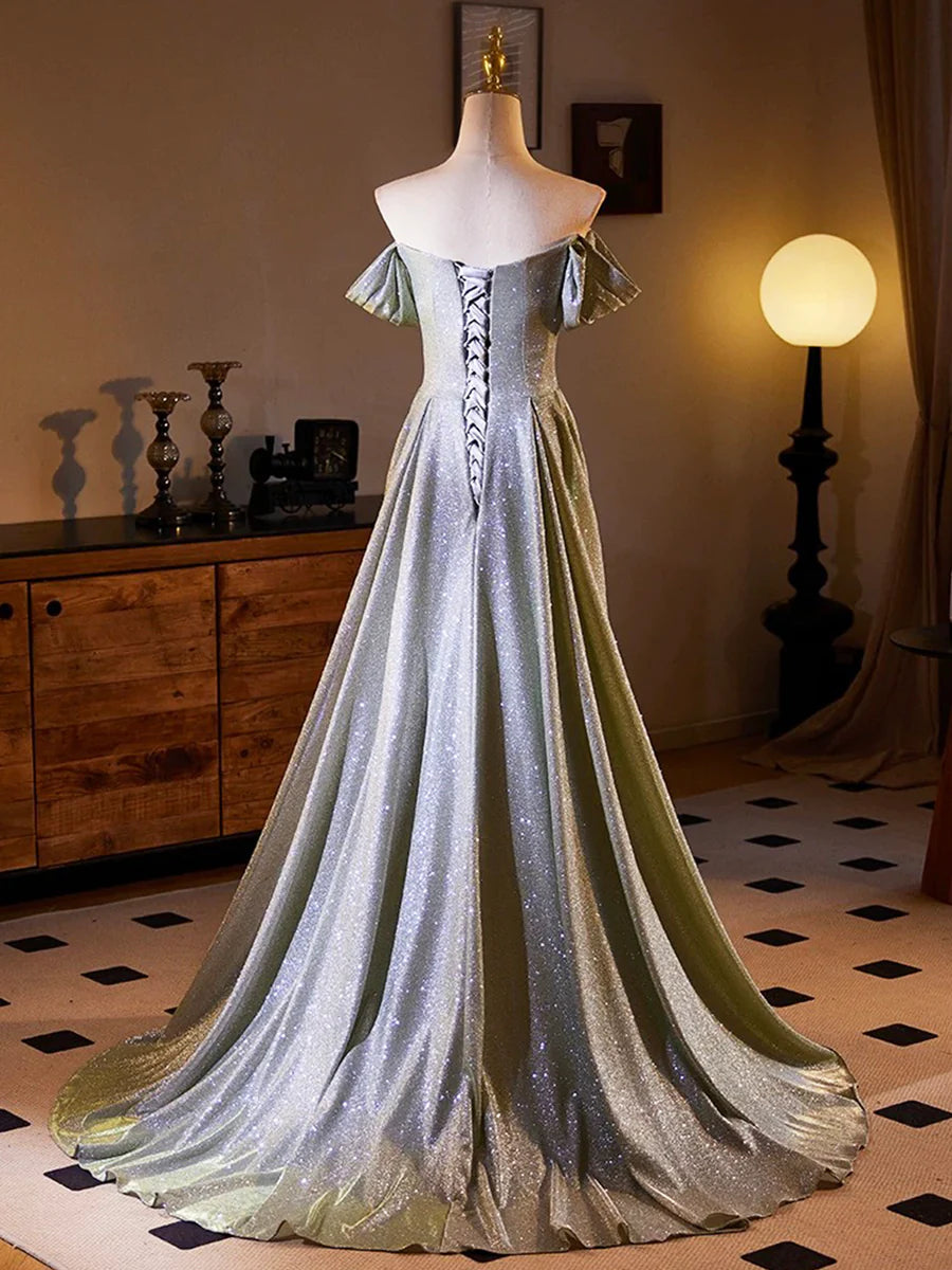 Shiny A Line Off the Shoulder Silver Sequin Evening Party Dress DP1125