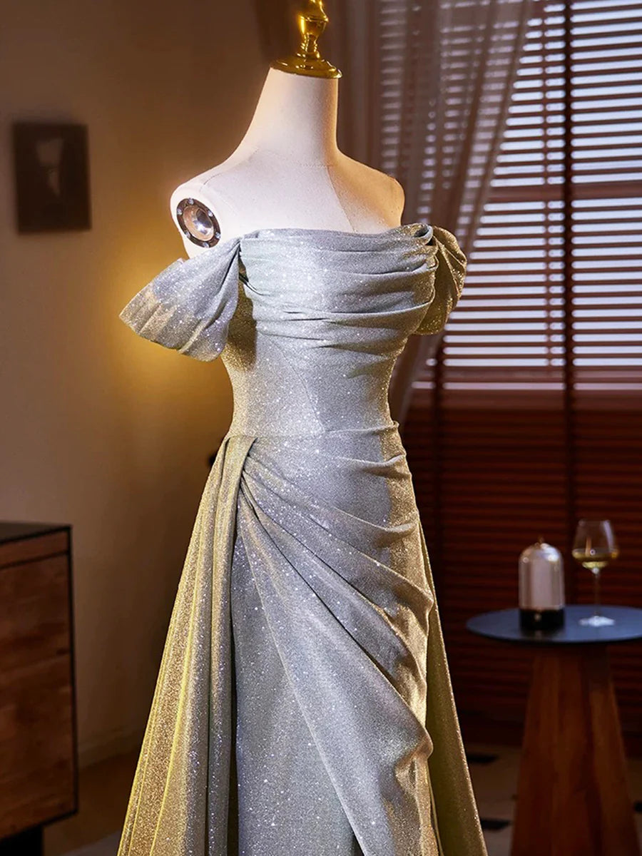 Shiny A Line Off the Shoulder Silver Sequin Evening Party Dress DP1125