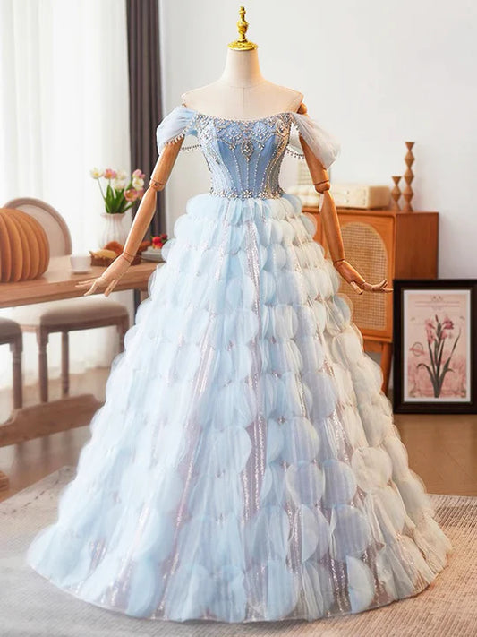 Blue Off the Shoulder Beading Rhinestone Ruffles Tulle Prom Dress DP987