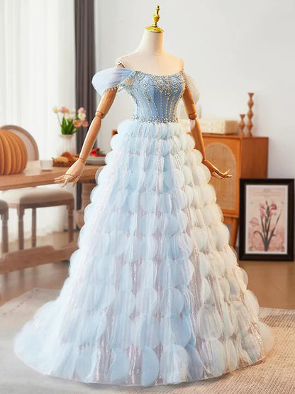 Blue Off the Shoulder Beading Rhinestone Ruffles Tulle Prom Dress DP987