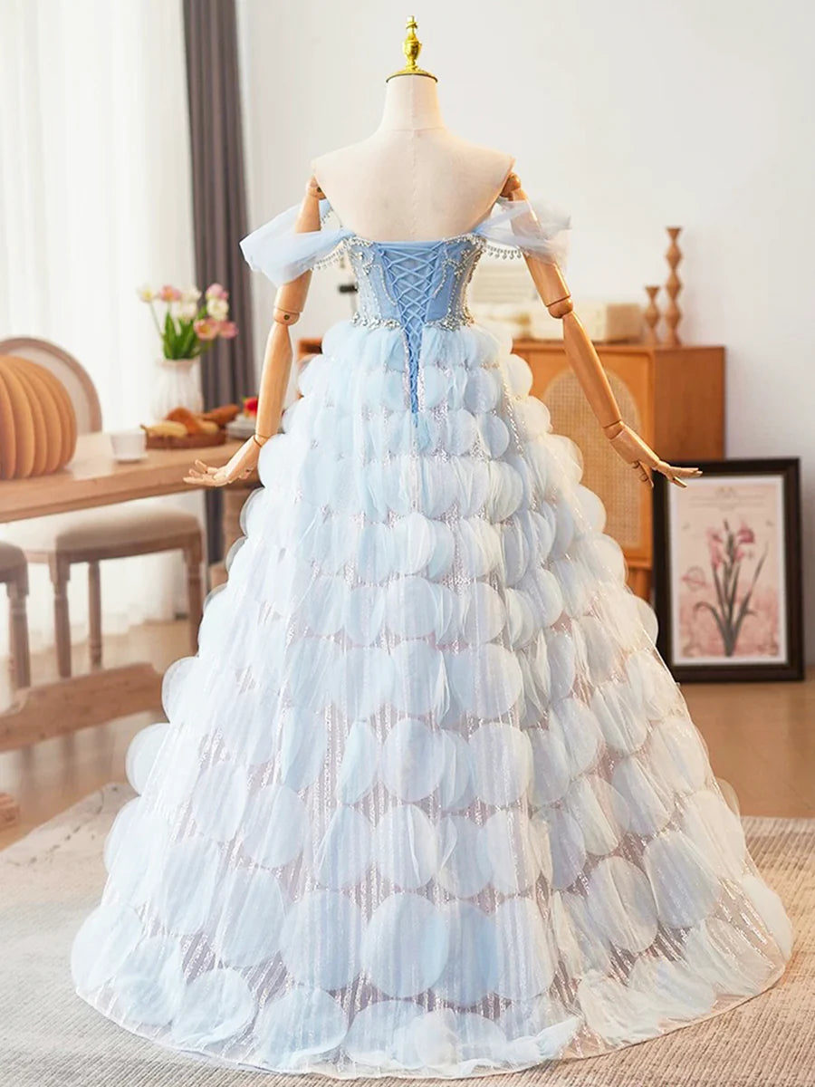 Blue Off the Shoulder Beading Rhinestone Ruffles Tulle Prom Dress DP987