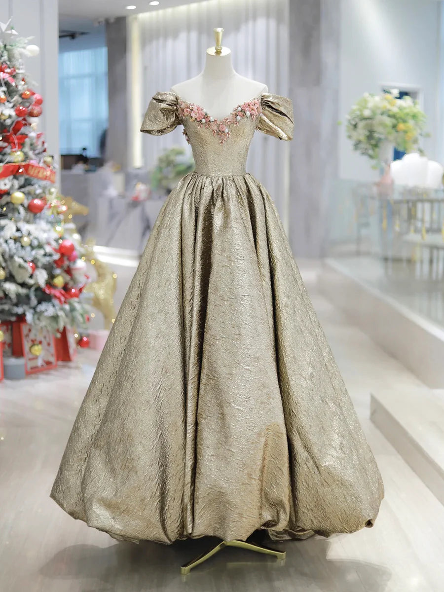 Gold A Line Off the Shoulder Satin Long Prom Dress Formal Dress with Flowers DP986