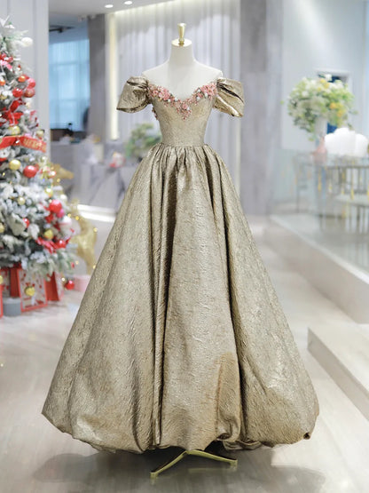 Gold A Line Off the Shoulder Satin Long Prom Dress Formal Dress with Flowers DP986