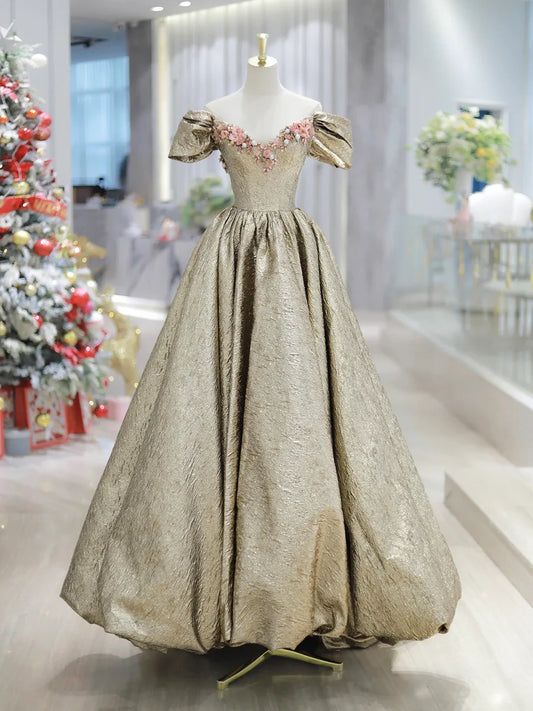Gold A Line Off the Shoulder Satin Long Prom Dress Formal Dress with Flowers DP986