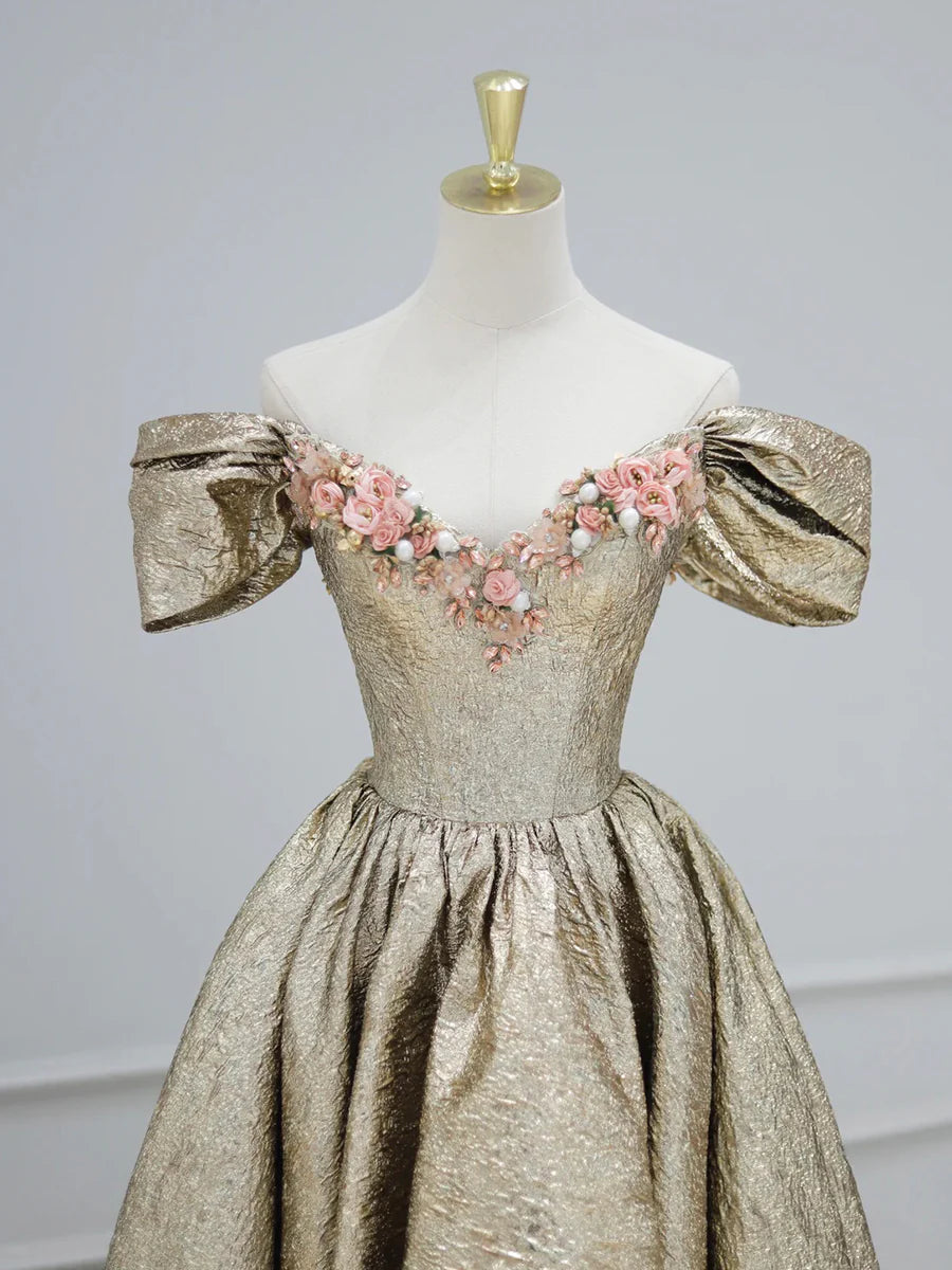 Gold A Line Off the Shoulder Satin Long Prom Dress Formal Dress with Flowers DP986