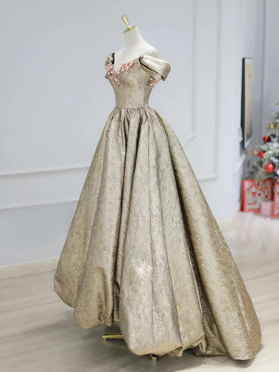 Gold A Line Off the Shoulder Satin Long Prom Dress Formal Dress with Flowers DP986