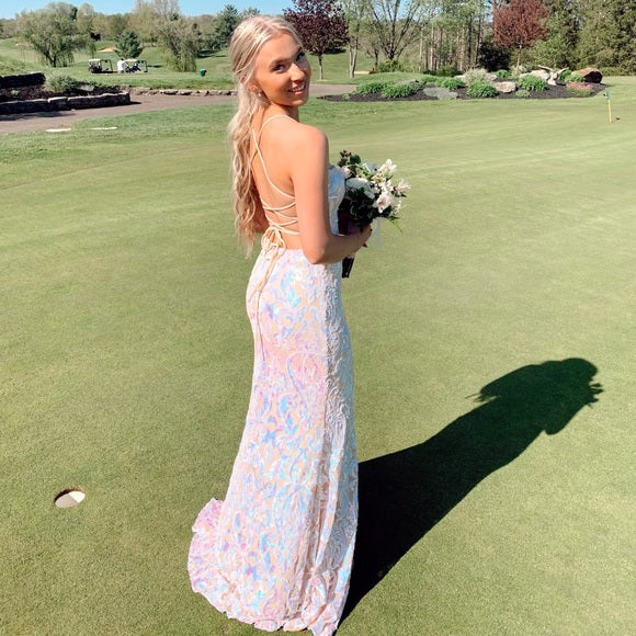 Sheath Spaghetti Strap Open Lace Up Back Sequin Satin Prom Dresses DP777
