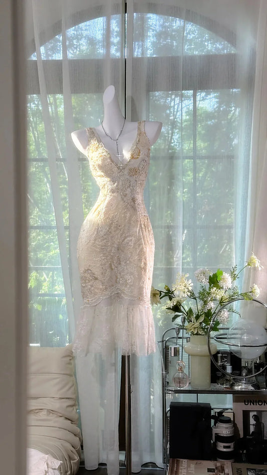 White Sheath Spaghetti Strap Beaded Lace Homecoming Dress Cocktail Dress DP3826