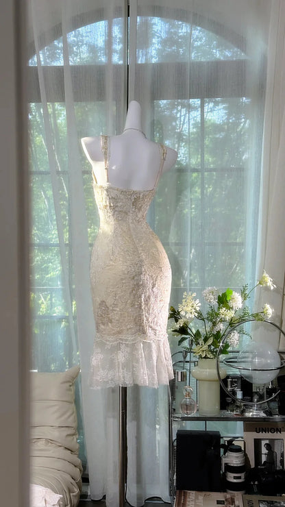 White Sheath Spaghetti Strap Beaded Lace Homecoming Dress Cocktail Dress DP3826