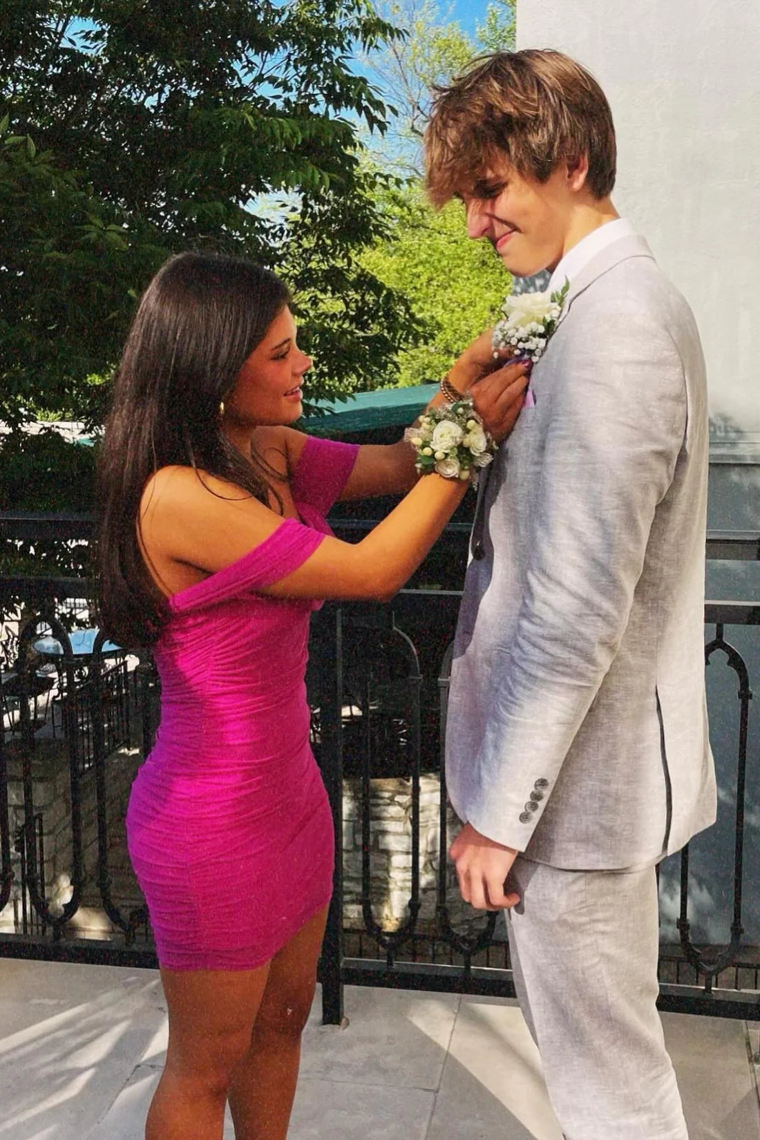 Hot Pink Sheath Off the Shoulder Chiffon Short Homecoming Dress Mini Dress Outfits DP5887