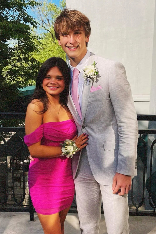 Hot Pink Sheath Off the Shoulder Chiffon Short Homecoming Dress Mini Dress Outfits DP5887