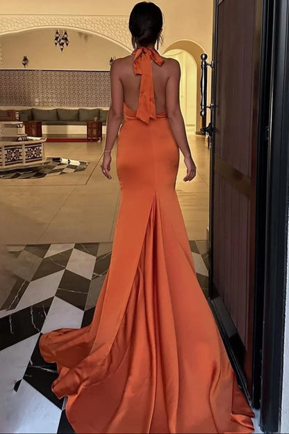 Orange Mermaid Halter Satin Backless Long Evening Dress Prom Dress DP7681
