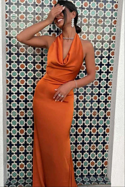 Orange Mermaid Halter Satin Backless Long Evening Dress Prom Dress DP7681