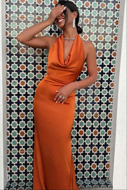Orange Mermaid Halter Satin Backless Long Evening Dress Prom Dress DP7681