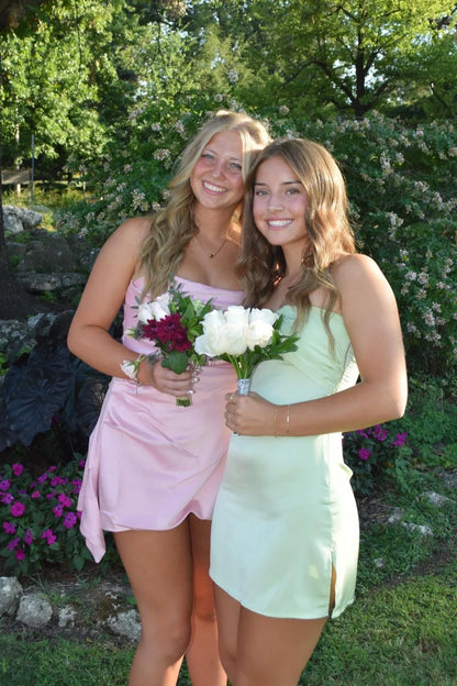 Fresh Green A Line Sweetheart Neck Satin Short Homecoming Dress Mini Dress Outfits DP5891