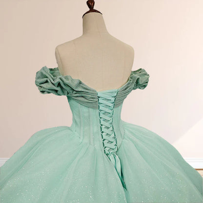 Mint Green Off-the-shoulder Tulle Ball Gown Quinceanera Dresses DP874