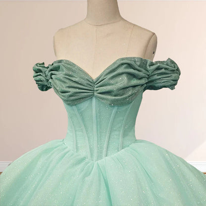 Mint Green Off-the-shoulder Tulle Ball Gown Quinceanera Dresses DP874