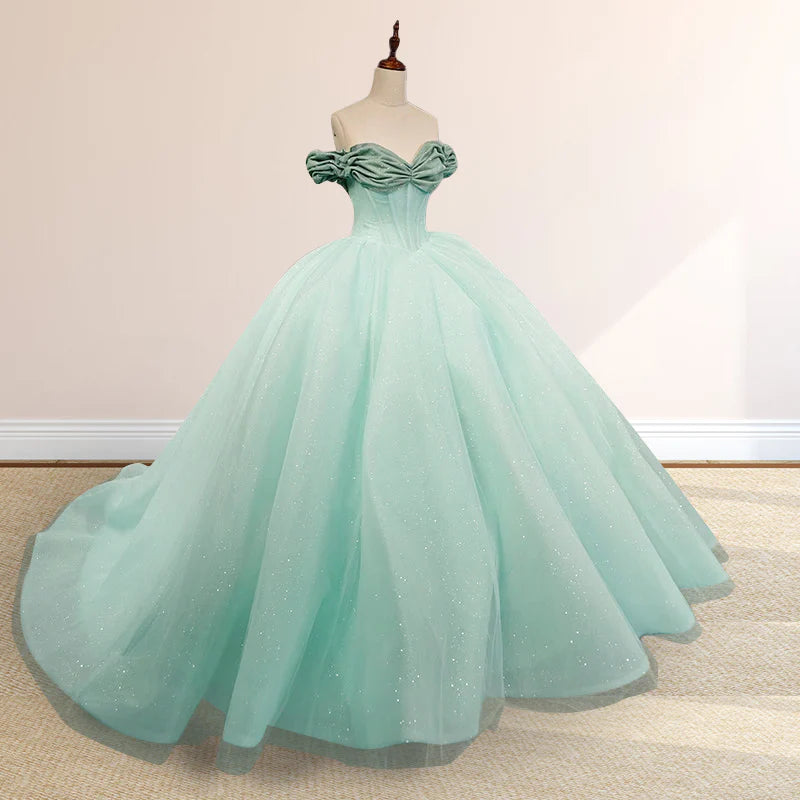 Mint Green Off-the-shoulder Tulle Ball Gown Quinceanera Dresses DP874
