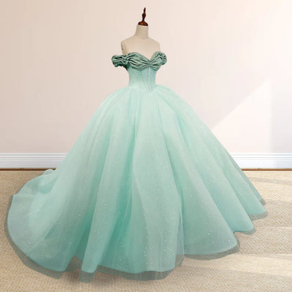 Mint Green Off-the-shoulder Tulle Ball Gown Quinceanera Dresses DP874