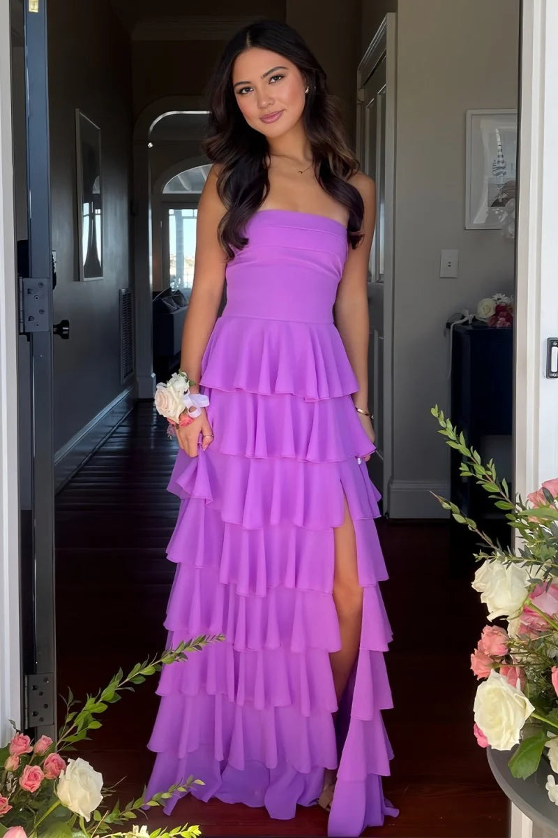 Simple A Line Strapless Layered Chiffon Backless Evening Dress Prom Dress with Slit DP7670