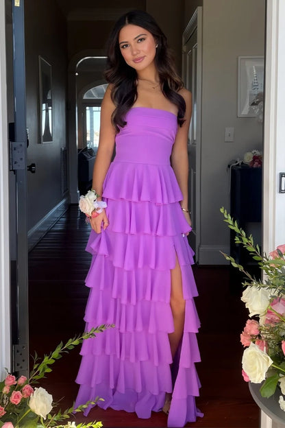 Simple A Line Strapless Layered Chiffon Backless Evening Dress Prom Dress with Slit DP7670
