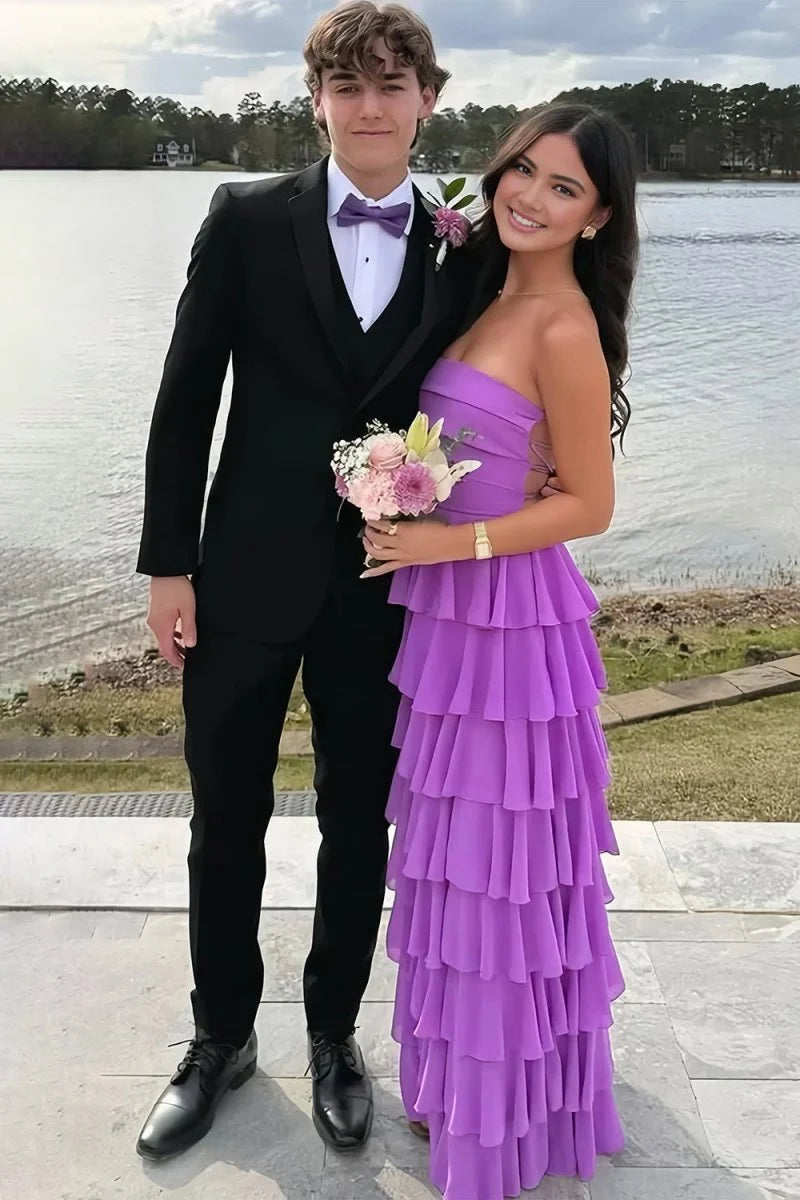 Simple A Line Strapless Layered Chiffon Backless Evening Dress Prom Dress with Slit DP7670