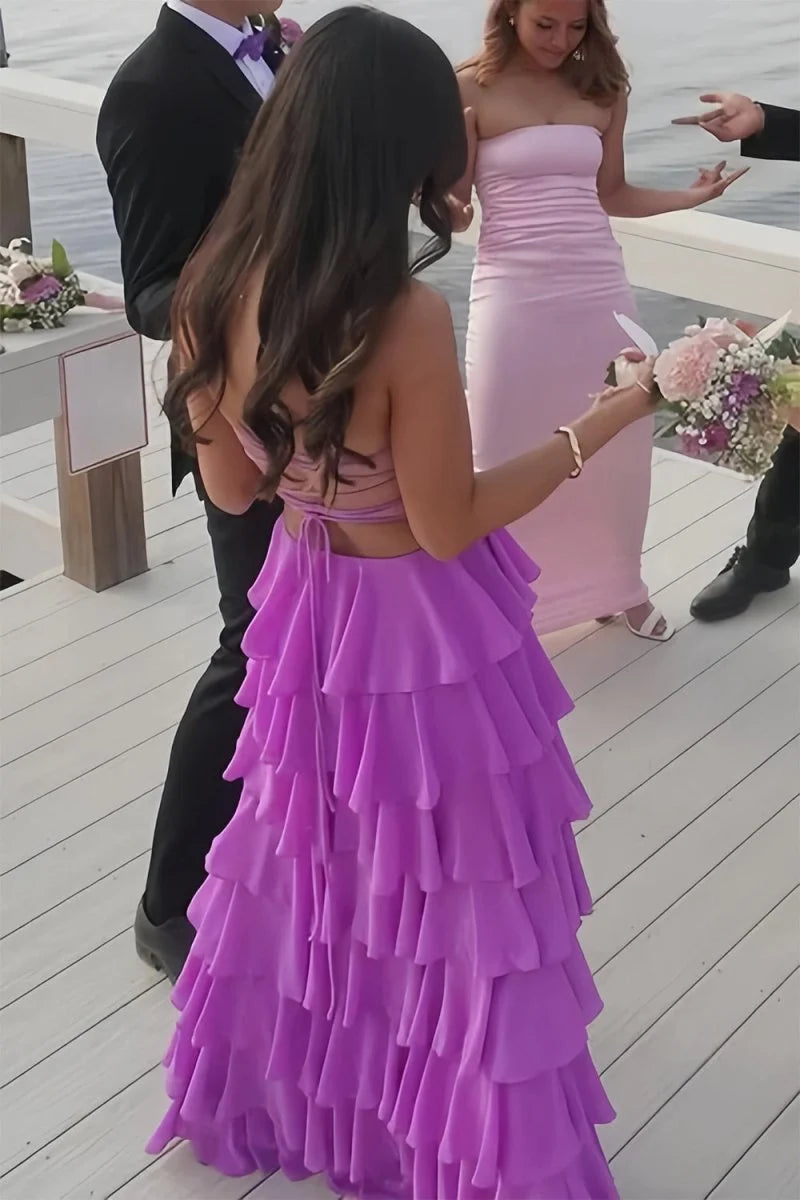 Simple A Line Strapless Layered Chiffon Backless Evening Dress Prom Dress with Slit DP7670