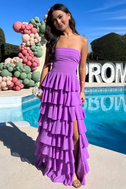 Simple A Line Strapless Layered Chiffon Backless Evening Dress Prom Dress with Slit DP7670