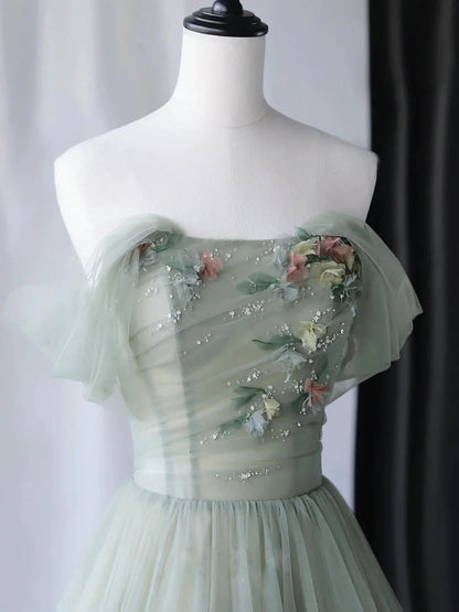Green Floral A Line Off-the-shoulder Long Prom Dresses Evening Dresses DP883