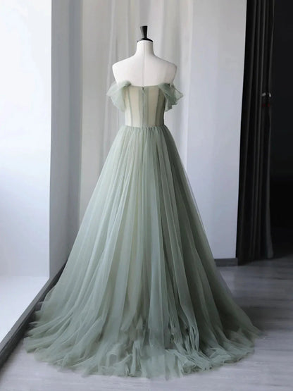 Green Floral A Line Off-the-shoulder Long Prom Dresses Evening Dresses DP883