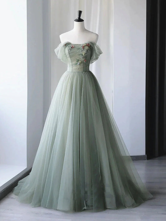 Green Floral A Line Off-the-shoulder Long Prom Dresses Evening Dresses DP883