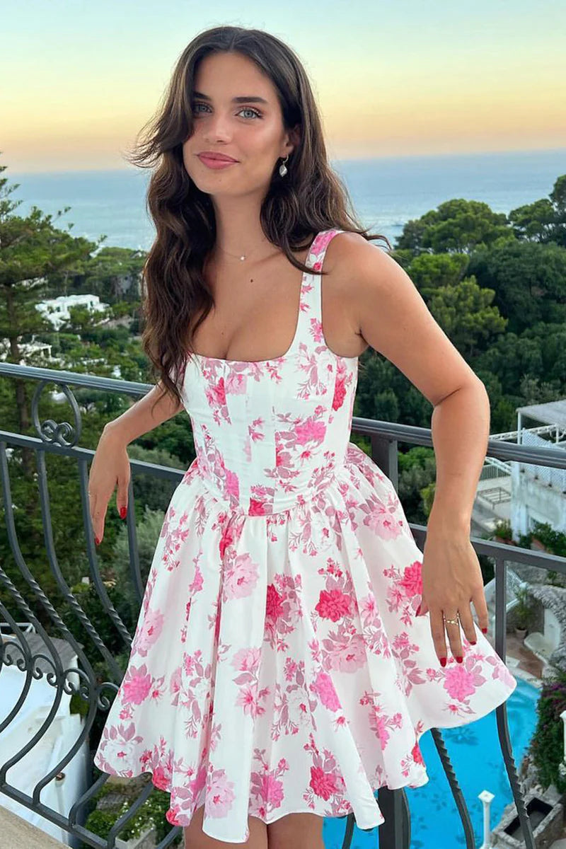Pink A Line Floral Chiffon Short Homecoming Dress DP961