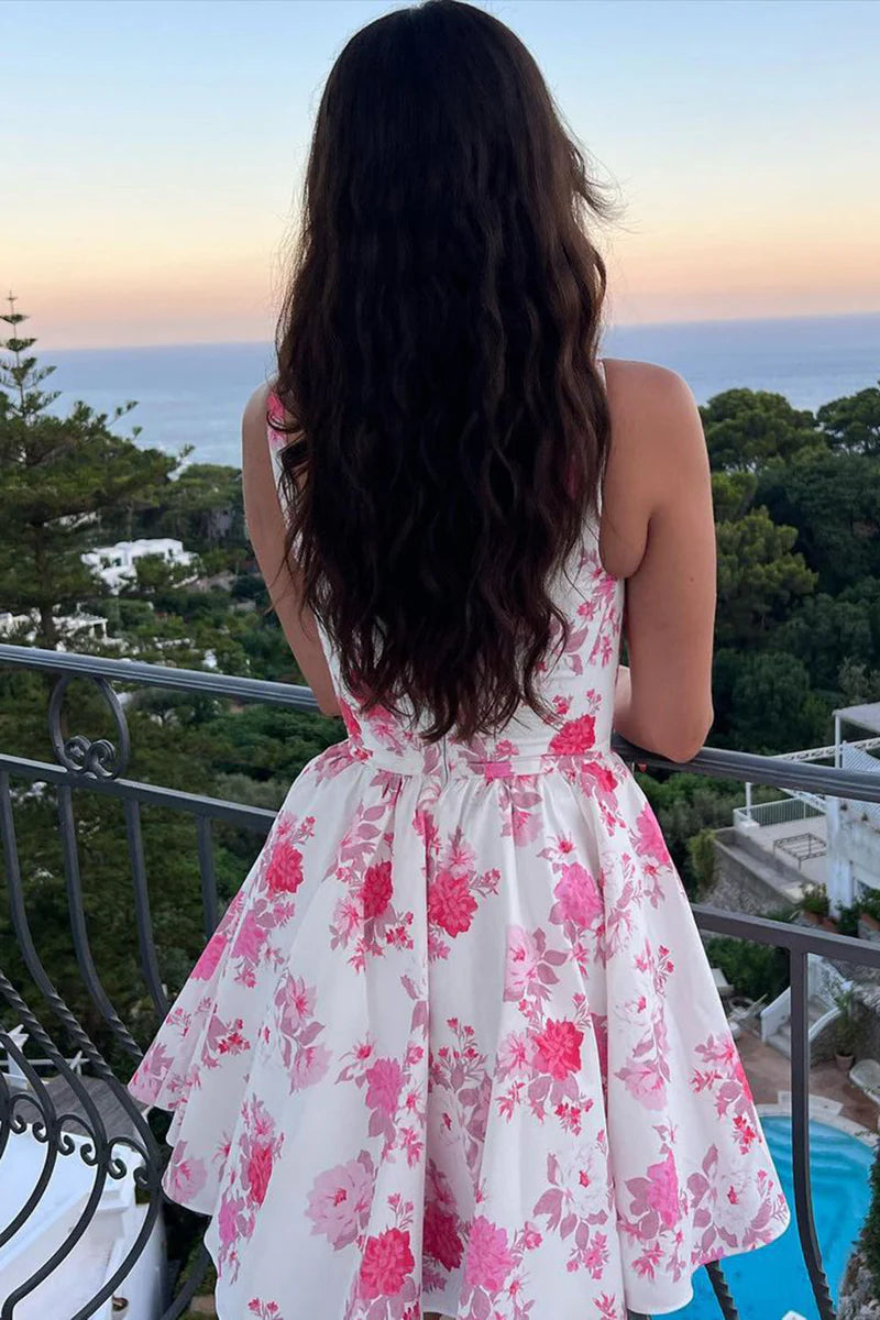 Pink A Line Floral Chiffon Short Homecoming Dress DP961