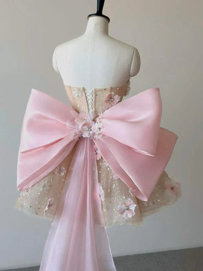 Pink A Line Sweetheart Neck Floral Sequin Tulle Homecoming Dress With Bow DP7102