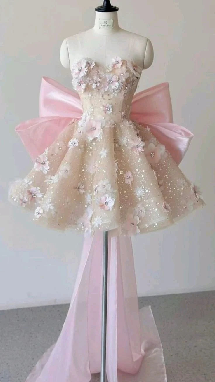 Pink A Line Sweetheart Neck Floral Sequin Tulle Homecoming Dress With Bow DP7102